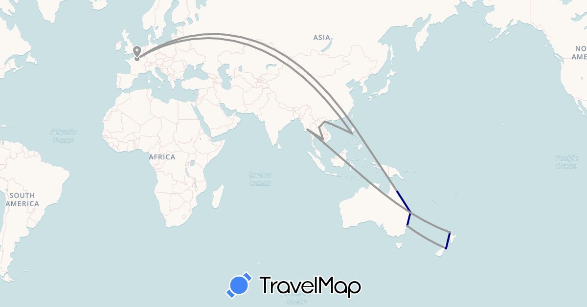 TravelMap itinerary: driving, plane in Australia, France, Cambodia, Laos, Myanmar (Burma), New Zealand, Philippines, Thailand, Vietnam (Asia, Europe, Oceania)